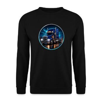 Truck Nachtfahrt – Langhauber Trucker Motiv - Unisex Pullover - Schwarz - Vorne - Alina (178cm) & Michal (187cm)