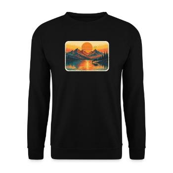 Retro Sonnenuntergang Berge See mit Hirsch - Unisex Pullover - Schwarz - Vorne - Alina (178cm) & Michal (187cm)