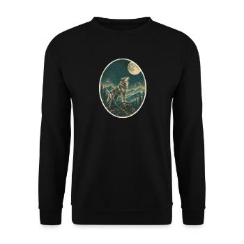 Wolf heult den Vollmond an – Vintage Wald - Unisex Pullover - Schwarz - Vorne - Alina (178cm) & Michal (187cm)