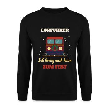 Lokführer – Ich bring euch heim zum Fest - Unisex Pullover - Schwarz - Vorne - Alina (178cm) & Michal (187cm)