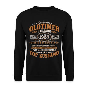 Oldtimer Baujahr 1957 Jahrgang Geburtstag Geschenk - Unisex Pullover - Schwarz - Vorne - Alina (178cm) & Michal (187cm)