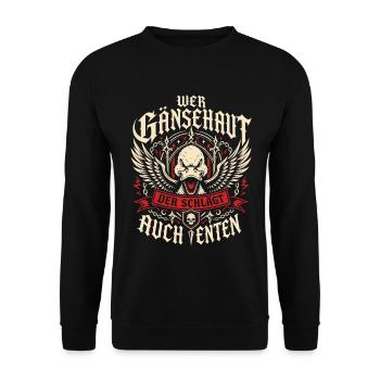 Karneval Ente Gänsehaut Spruch - Unisex Pullover - Schwarz - Vorne - Alina (178cm) & Michal (187cm)