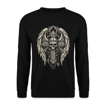 Gothic, Totenkopf, Schädel, Goth, Kreuz, Flügel - Unisex Pullover - Schwarz - Vorne - Alina (178cm) & Michal (187cm)