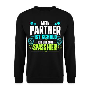 Mein Partner ist schuld ich bin zum Spaß hier - Unisex Pullover - Schwarz - Vorne - Alina (178cm) & Michal (187cm)