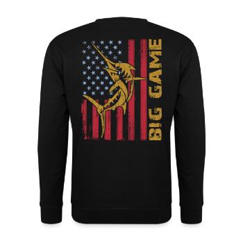 Springender Marlin mit US Flagge Hochseefischen - Unisex Pullover - Schwarz - Hinten - Michal (187cm)