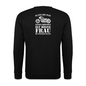 Biker Spruch Meine Frau ist runtergefallen - Unisex Pullover - Schwarz - Hinten - Michal (187cm)