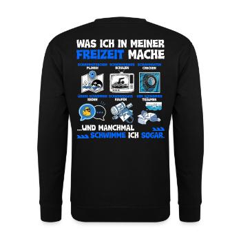 Was ich in meiner Freizeit mache - Schwimmen - Unisex Pullover - Schwarz - Hinten - Michal (187cm)