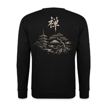 Zen Landschaft: Fuji-Pagode und Kiefer - Unisex Pullover - Schwarz - Hinten - Michal (187cm)
