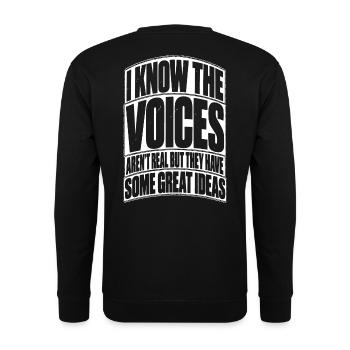 Lustiger Spruch I know the voices aren´t real but - Unisex Pullover - Schwarz - Hinten - Michal (187cm)