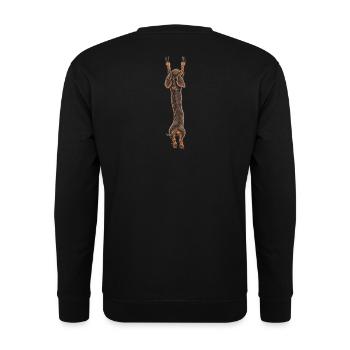 Hängender Dackel von hinten gesehen – Witziger Hund auf einem Kofferraum - Unisex Pullover - Schwarz - Hinten - Michal (187cm)