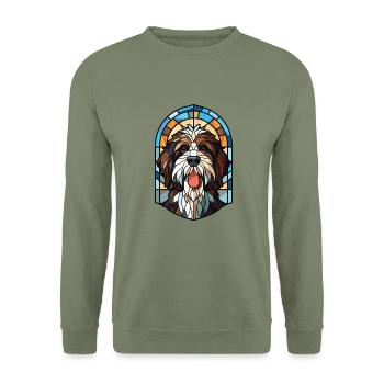 Holländische Schapendoes Hunderasse buntes Aquarell - Unisex Pullover - Armeegrün - Vorne - Alina (178cm) & Michal (187cm)