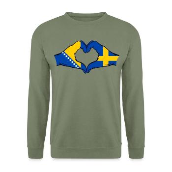 Bosnien Schweden Flagge Hände Herzform - Unisex Pullover - Armeegrün - Vorne - Alina (178cm) & Michal (187cm)