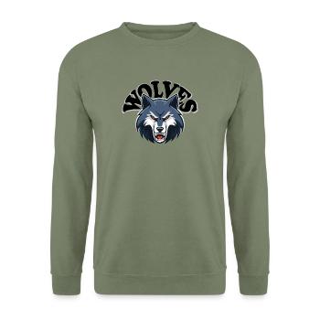 Wolfsbild mit Wolfstext - Unisex Pullover - Armeegrün - Vorne - Alina (178cm) & Michal (187cm)