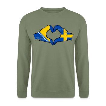 Bosnien Schweden Flagge Hände Herzform used - Unisex Pullover - Armeegrün - Vorne - Alina (178cm) & Michal (187cm)