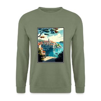 Dubrovnik Neretva Kroatien Vintage Reiseposter - Unisex Pullover - Armeegrün - Vorne - Alina (178cm) & Michal (187cm)
