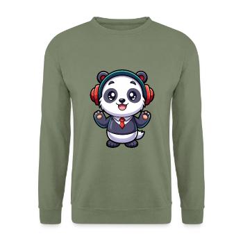 Panda Lustige Zeichentrickfigur Kopfhörer Musik - Unisex Pullover - Armeegrün - Vorne - Alina (178cm) & Michal (187cm)