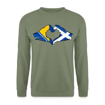 Bosnien Schottland Flagge Hände Herzform used - Unisex Pullover - Armeegrün - Vorne - Alina (178cm) & Michal (187cm)