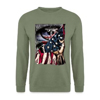 Patriotic Eye Flag - Unisex Pullover - Armeegrün - Vorne - Alina (178cm) & Michal (187cm)