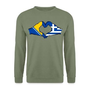 Bosnien Griechenland Flagge Hände Herzform - Unisex Pullover - Armeegrün - Vorne - Alina (178cm) & Michal (187cm)