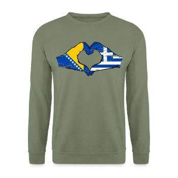 Bosnien Griechenland Flagge Hände Herzform used - Unisex Pullover - Armeegrün - Vorne - Alina (178cm) & Michal (187cm)