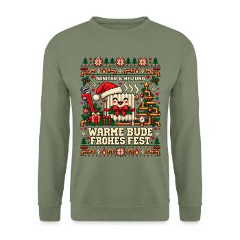 Sanitär und Heizung - Warme Bude, frohes Fest - Unisex Pullover - Armeegrün - Vorne - Alina (178cm) & Michal (187cm)