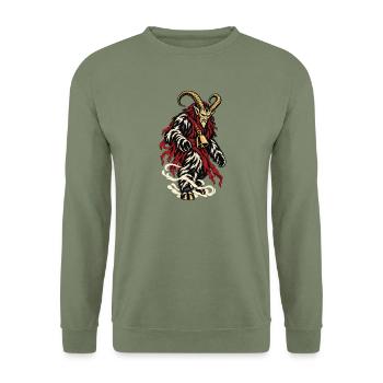Krampus mit Glocke - Unisex Pullover - Armeegrün - Vorne - Alina (178cm) & Michal (187cm)