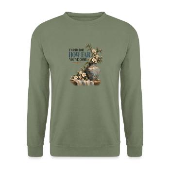 Ich bin stolz darauf, wie weit du gekommen bist – Kintsugi-Kunst - Unisex Pullover - Armeegrün - Vorne - Alina (178cm) & Michal (187cm)