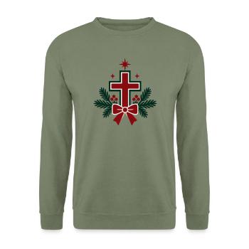 Weihnachtskreuz mit Schleife - Unisex Pullover - Armeegrün - Vorne - Alina (178cm) & Michal (187cm)