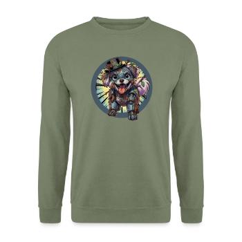 Mecha Hund Rostig und Verschmutzt - Unisex Pullover - Armeegrün - Vorne - Alina (178cm) & Michal (187cm)