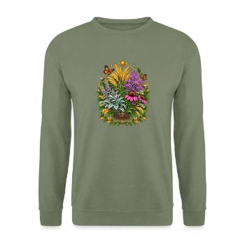 Wiesenkranz: Blumen, Schmetterlinge - Unisex Pullover - Armeegrün - Vorne - Alina (178cm) & Michal (187cm)