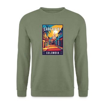 Erleben Sie den lebendigen Charme von Cartagena in Kolumbien - Unisex Pullover - Armeegrün - Vorne - Alina (178cm) & Michal (187cm)