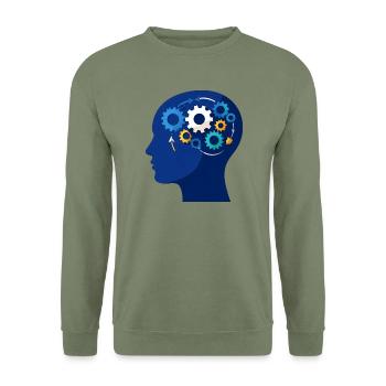 Kopf Zahnräder Wissen Intelligenz Blau T-Shirt - Unisex Pullover - Armeegrün - Vorne - Alina (178cm) & Michal (187cm)