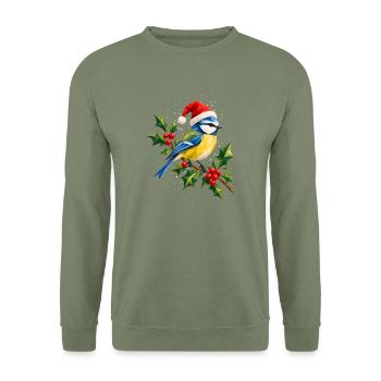 Weihnachtliche Blaumeise auf Stechpalme - Unisex Pullover - Armeegrün - Vorne - Alina (178cm) & Michal (187cm)
