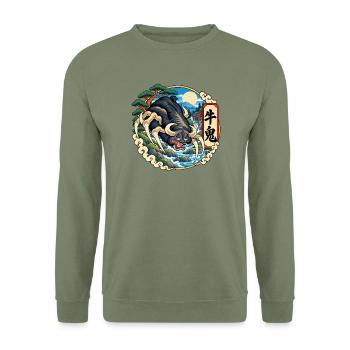 Ushi-Oni als japanischer Rinderdämon - Unisex Pullover - Armeegrün - Vorne - Alina (178cm) & Michal (187cm)