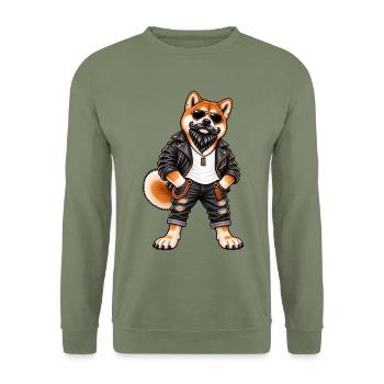 Akita mit Bart und Lederjacke – Cooler Biker Hund - Unisex Pullover - Armeegrün - Vorne - Alina (178cm) & Michal (187cm)