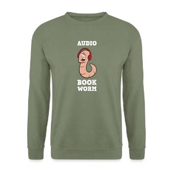 Audiobook Worm Hörbuch Bücherwurm mit Kopfhörern - Unisex Pullover - Armeegrün - Vorne - Alina (178cm) & Michal (187cm)