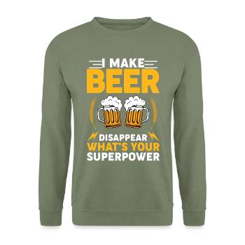 Bier verschwinden – Welche Superkraft? - Unisex Pullover - Armeegrün - Vorne - Alina (178cm) & Michal (187cm)