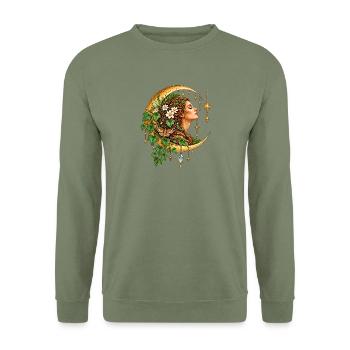 Mondgöttin im Blattkranz - Unisex Pullover - Armeegrün - Vorne - Alina (178cm) & Michal (187cm)