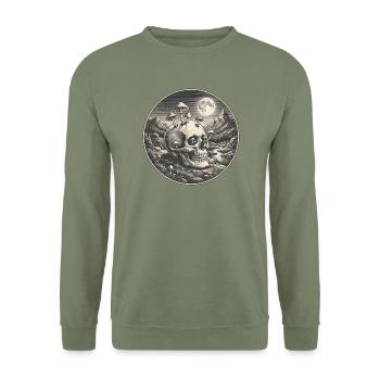 Totenkopf mit Pilzen im Mondlicht - Unisex Pullover - Armeegrün - Vorne - Alina (178cm) & Michal (187cm)