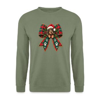 Weihnachtshund im Schleifenband - Unisex Pullover - Armeegrün - Vorne - Alina (178cm) & Michal (187cm)
