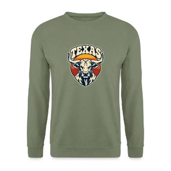 Texas Horns Retro Sunset - Unisex Pullover - Armeegrün - Vorne - Alina (178cm) & Michal (187cm)