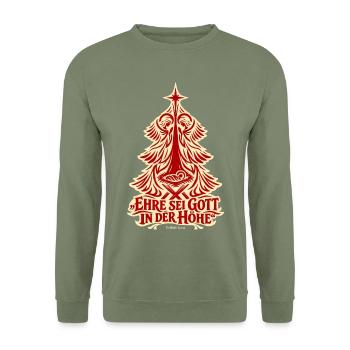 Weihnachtsbaum Engel Ehre sei Gott Lukas 2 14 - Unisex Pullover - Armeegrün - Vorne - Alina (178cm) & Michal (187cm)