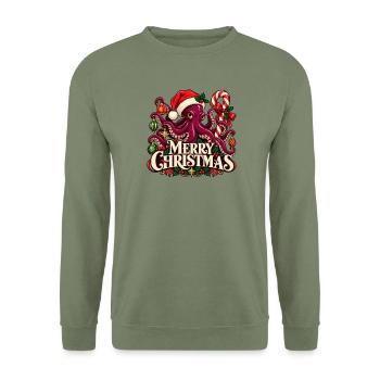 Merry Christmas Krake Oktopus Weihnachtsshirt - Unisex Pullover - Armeegrün - Vorne - Alina (178cm) & Michal (187cm)
