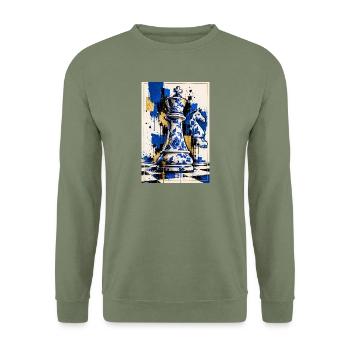 Schachfigur im Porzellan Design - Geschenk Schach - Unisex Pullover - Armeegrün - Vorne - Alina (178cm) & Michal (187cm)
