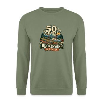 50 Jahre Rückenwind Bike Edition - Unisex Pullover - Armeegrün - Vorne - Alina (178cm) & Michal (187cm)
