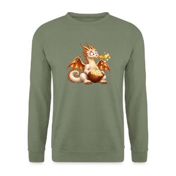 Popcorn-Drache – Feuer frei für den Filmabend - Unisex Pullover - Armeegrün - Vorne - Alina (178cm) & Michal (187cm)