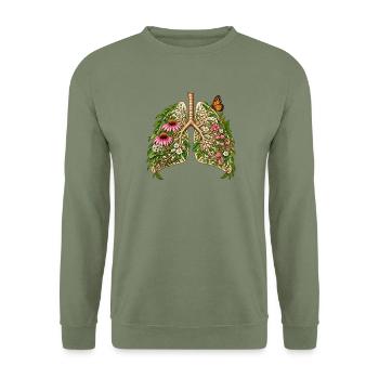 Blütenlunge: Flora-Lunge mit Schmetterling - Unisex Pullover - Armeegrün - Vorne - Alina (178cm) & Michal (187cm)