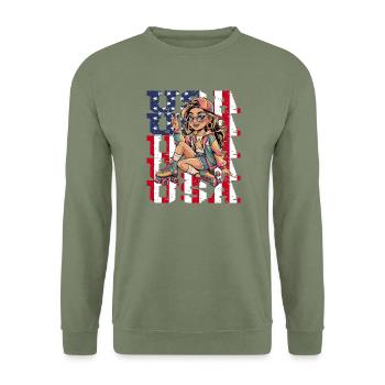  Stylisches USA-Retro-Girl auf Rollschuhen mit - Unisex Pullover - Armeegrün - Vorne - Alina (178cm) & Michal (187cm)