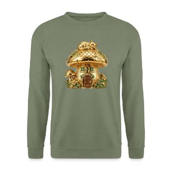 Golden Mushroom House mit Kätzchen - Unisex Pullover - Armeegrün - Vorne - Alina (178cm) & Michal (187cm)