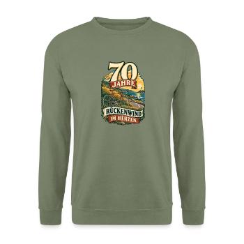 70 Jahre Rückenwind im Herzen - Unisex Pullover - Armeegrün - Vorne - Alina (178cm) & Michal (187cm)
